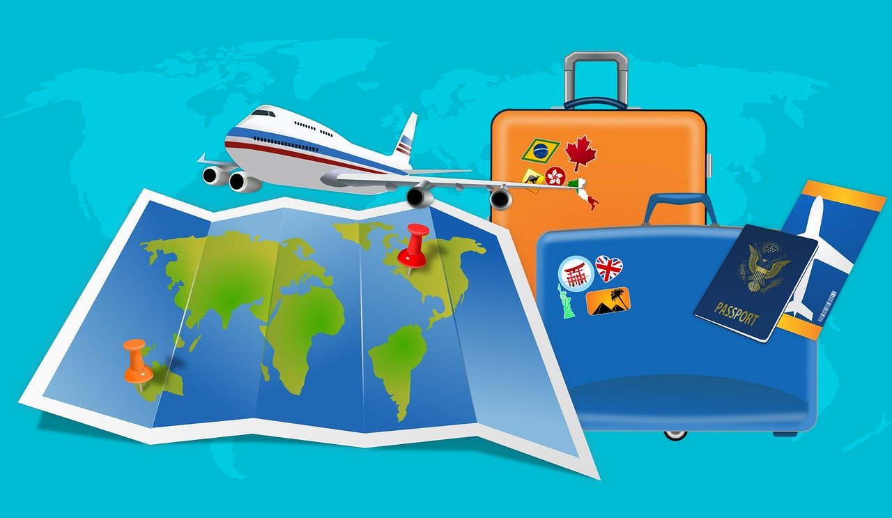 Luggage, passport, plane, maps