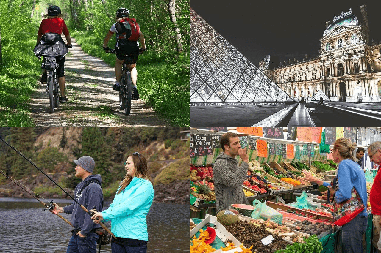 Passeio de bicicleta, visita a museus, pesca, frutas e verduras